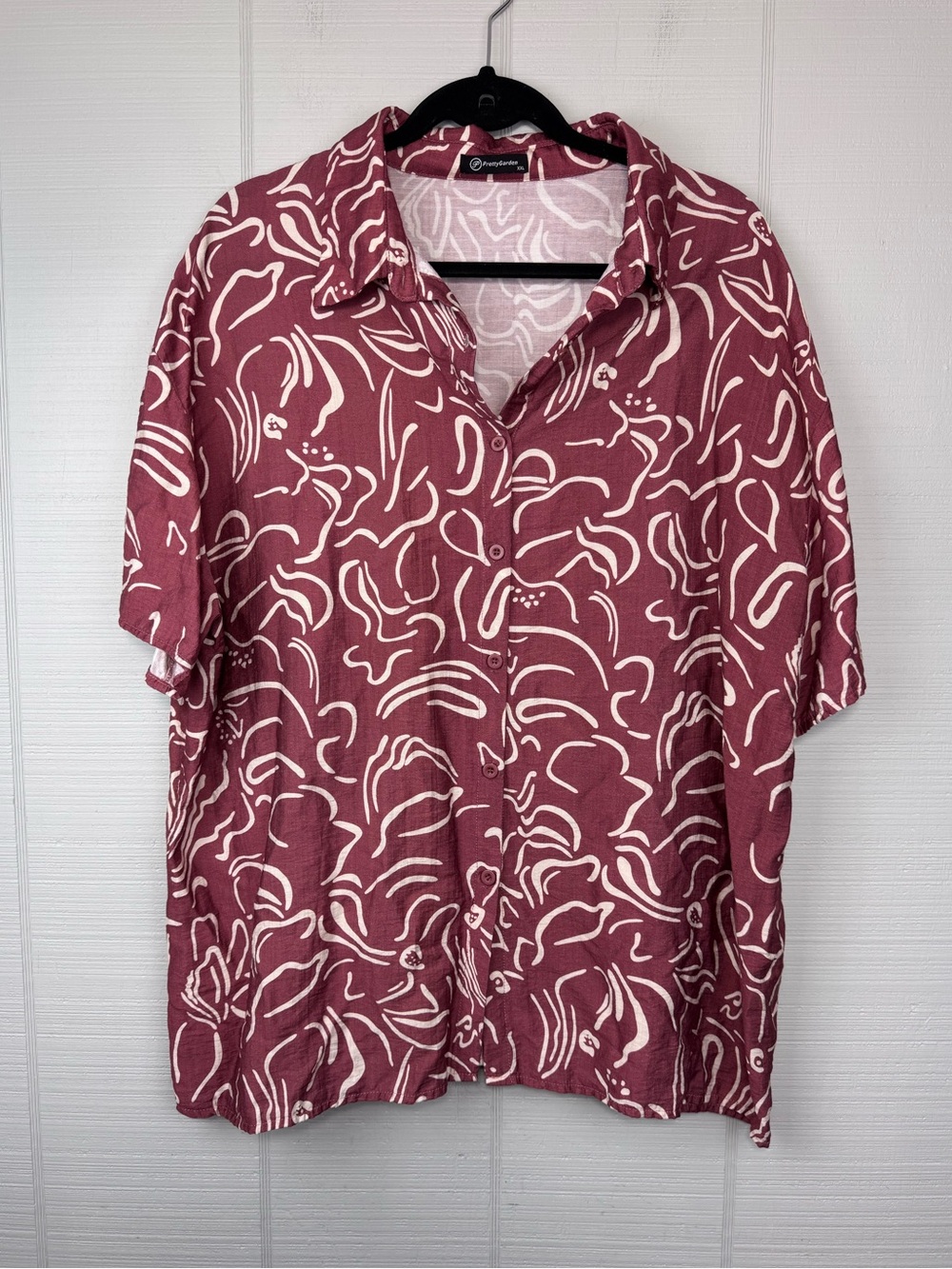 Pretty Garden Mauve Short Sleeve Button Up Top Ivory Abstract Pattern XXL